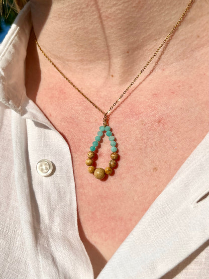 Collier SIMONA, avec pierres de Jaspe Paysage et Amazonite, porté.