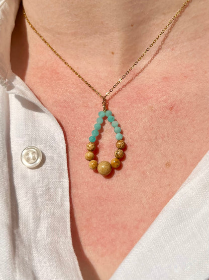 Collier SIMONA, avec pierres de Jaspe Paysage et Amazonite, porté.